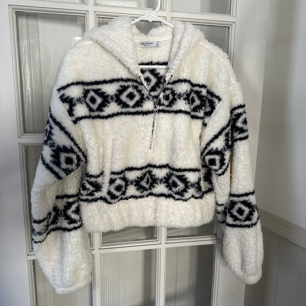 Shearling Hooded Aztec Print Pullover Kangaroo Pocket Women's M Arizona Jean Co